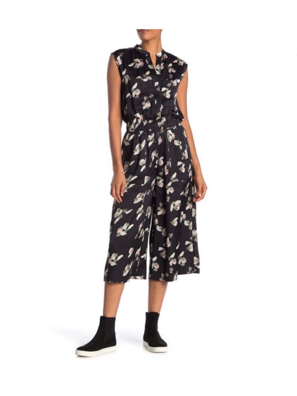 Sleeveless Black Floral Cropped Jumpsuit